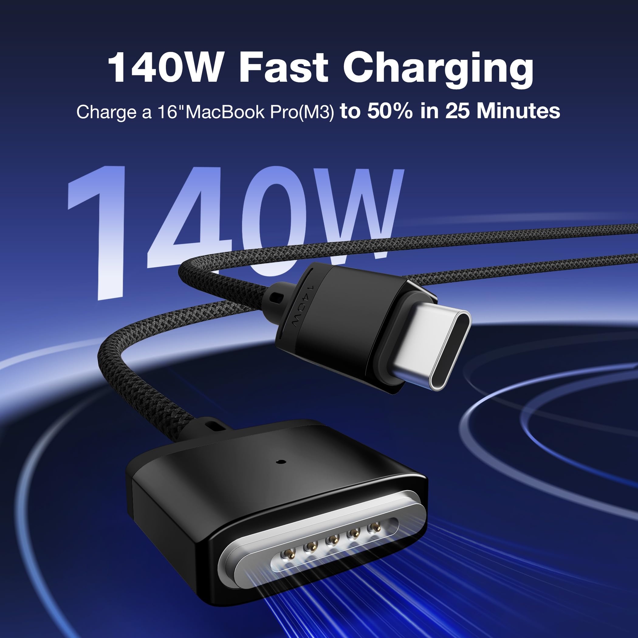 Hugner Magnetic 3 Cable USB-C 6.6FT Compatible with M4/M3/M2 MacBook Air Pro Charger, 140W Magnetic Safe 3 Cable for MacBook Air (13