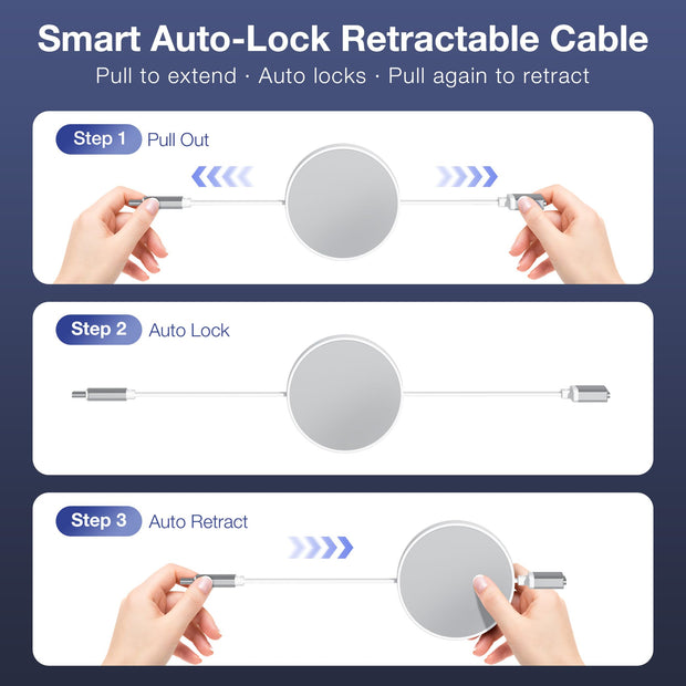 Hugener Magnetic 3 Retractable Cable USB-C 5.4FT for M4/M3/M2 MacBook Air & Pro Charger, 140W Safe 3 Cable for MacBook Air (13"/15" 2025/2024/2023/2022), Pro (16"/14" 2024/2023/2021), Silver