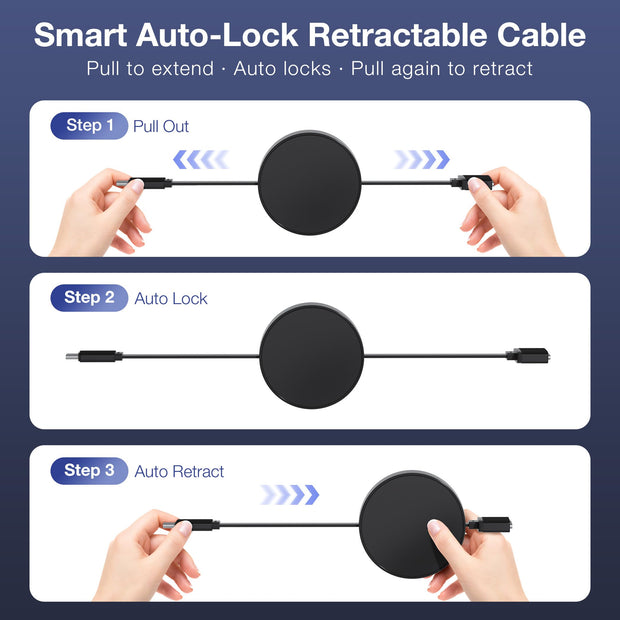 Hugener Magnetic 3 Retractable Cable USB-C 5.4FT for M4/M3/M2 MacBook Air & Pro Charger, 140W Safe 3 Cable for MacBook Air (13"/15" 2025/2024/2023/2022), Pro (16"/14" 2024/2023/2021), Black