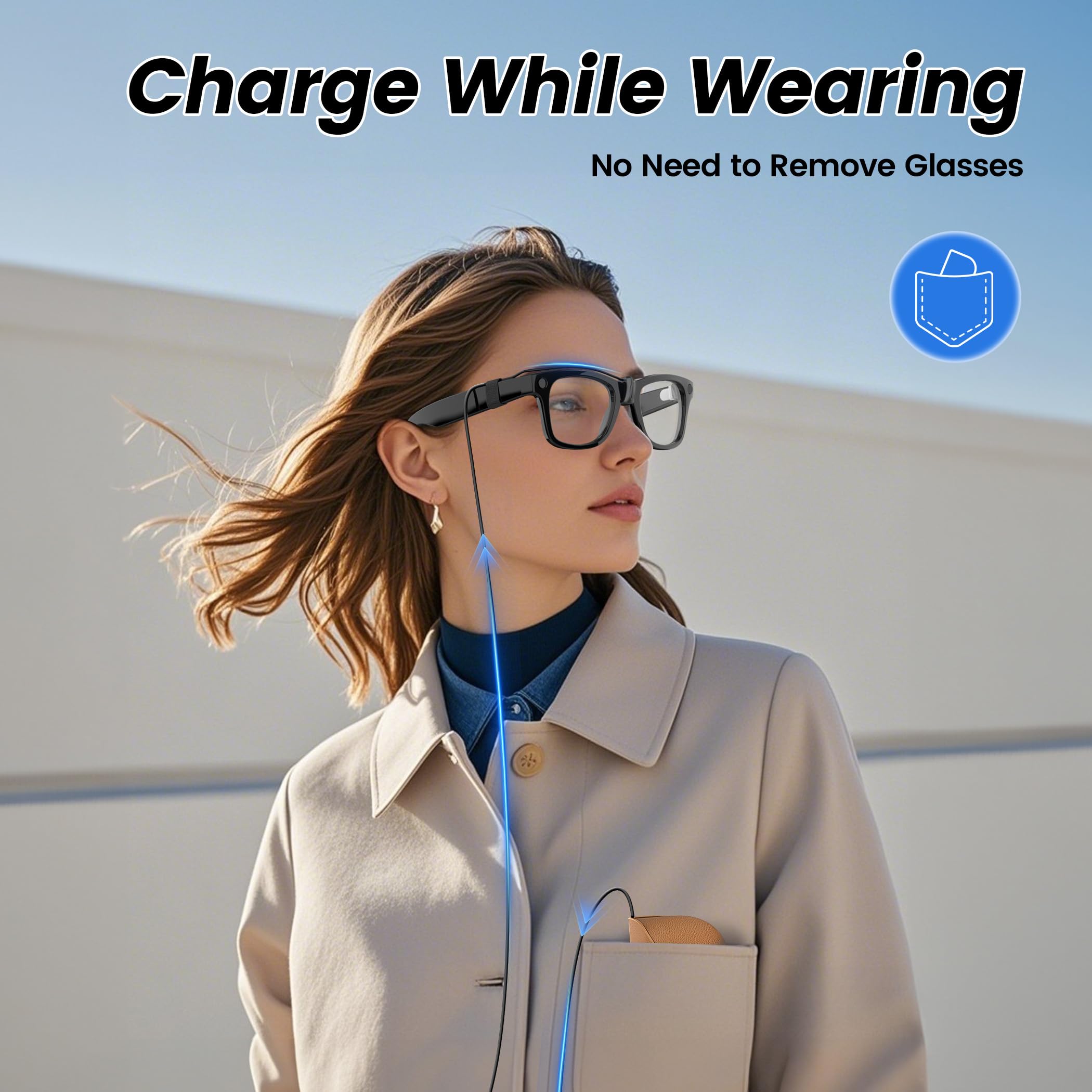 Hugener Clip-On Contact Charging Cable for Ray-Ban Meta Smart Glasses 5FT/1.5M, Power Supply from Glasses Case, Charger Compatible with Wayfarer Meta, Headliner Meta, Skyler Meta