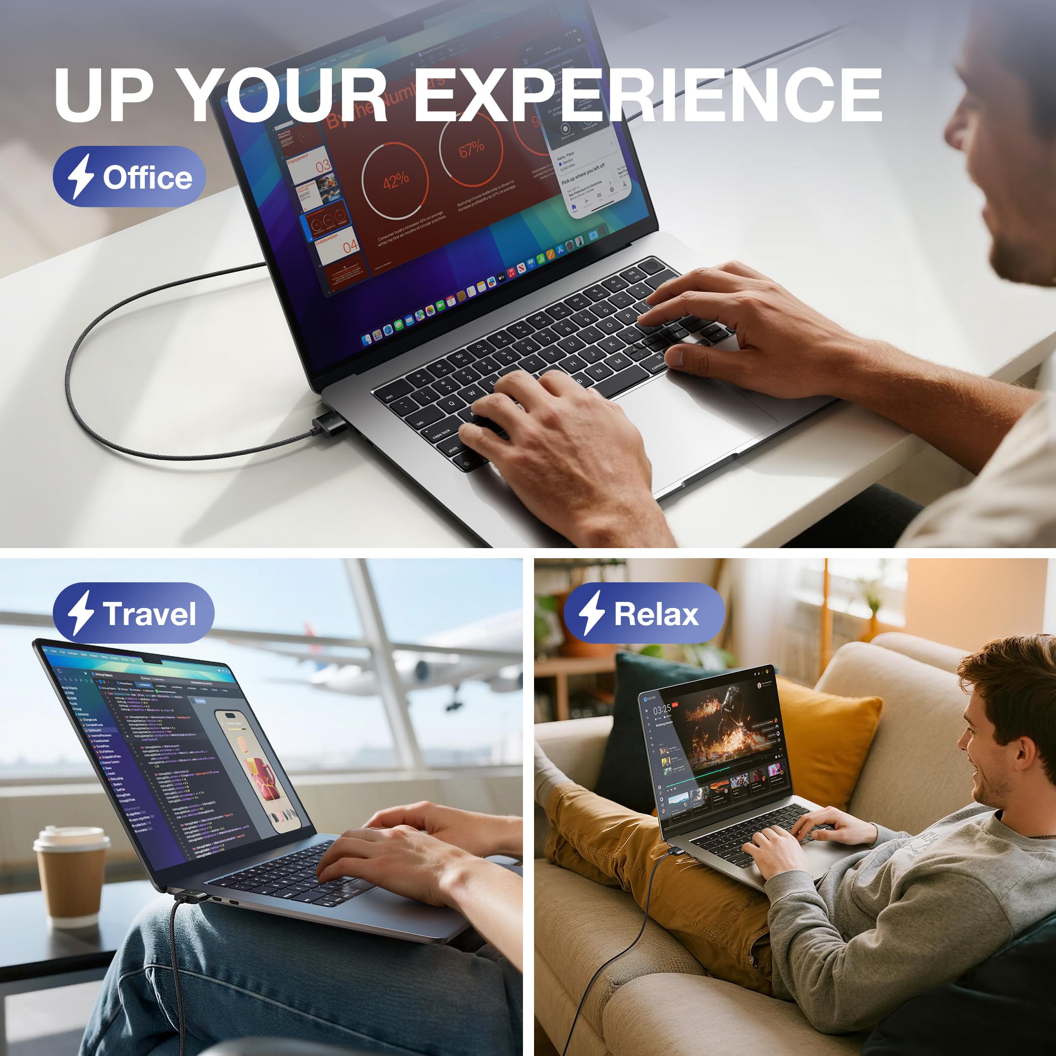 Hugner Magnetic 3 Cable USB-C 6.6FT Compatible with M4/M3/M2 MacBook Air Pro Charger, 140W Magnetic Safe 3 Cable for MacBook Air (13