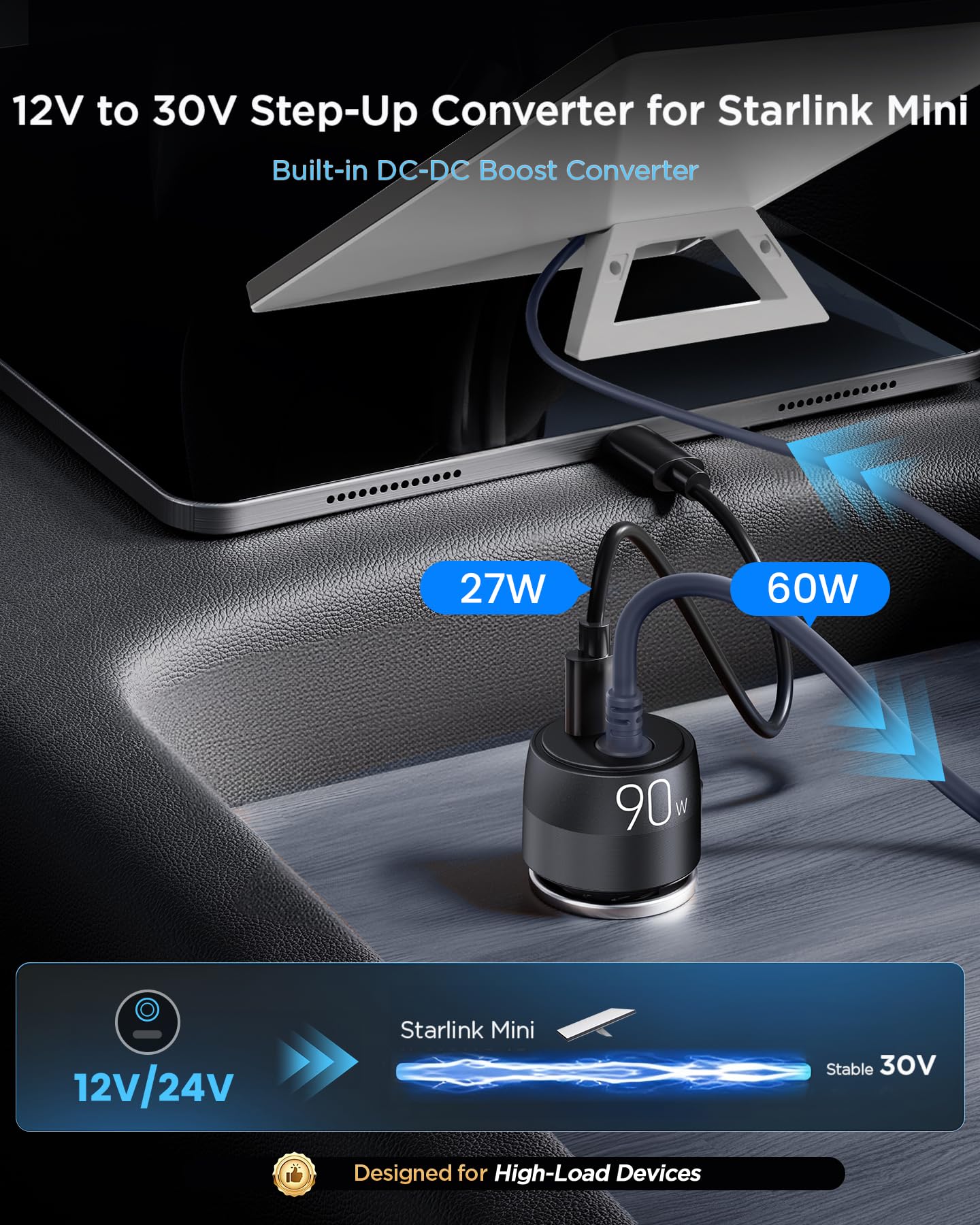 Starlink Mini Car Adapter 12V to 30V DC Step Up Converter, 2-in-1 Cigarette Lighter Adapter with DC Port Boost (60W 30V) and USB-C PD (27W 9V), Supports 30M Official Cable for RV Boat Truck