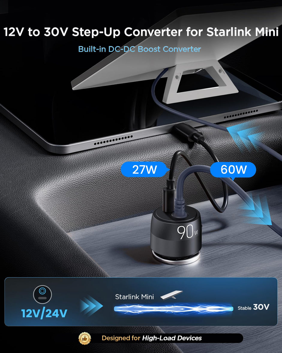 Starlink Mini Car Adapter 12V to 30V DC Step Up Converter, 2-in-1 Cigarette Lighter Adapter with DC Port Boost (60W 30V) and USB-C PD (27W 9V), Supports 30M Official Cable for RV Boat Truck