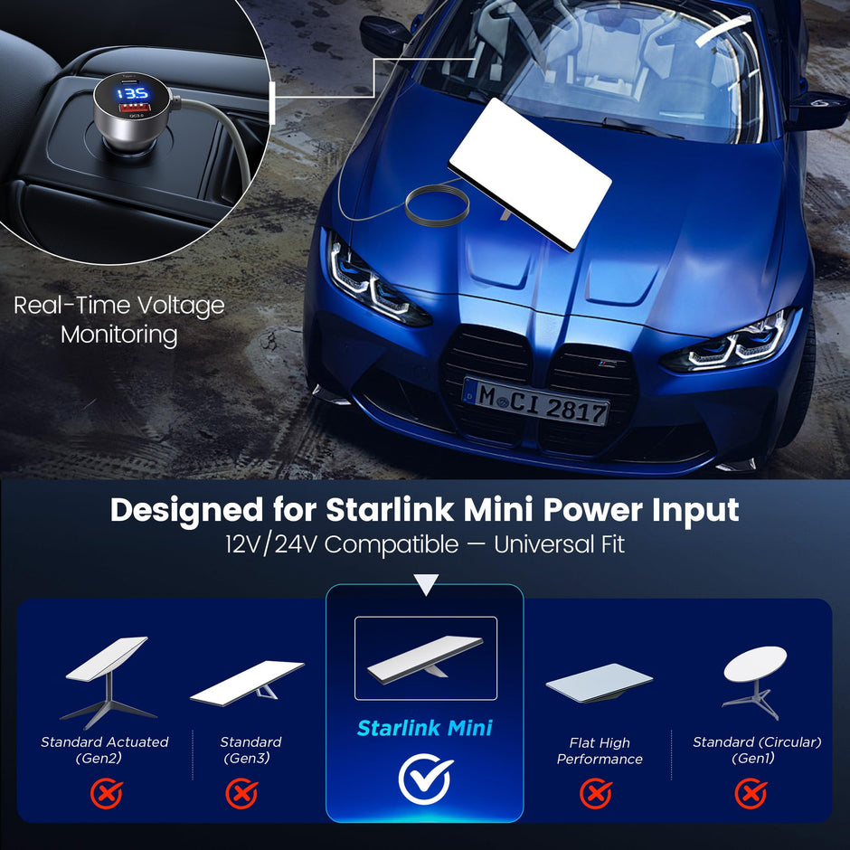 Hugener Starlink Mini Cable 10FT/3M, 3 Power Outputs Car Charger/USB C/USB A, DC Replacement Power Cable, Starlink Mini Accessories