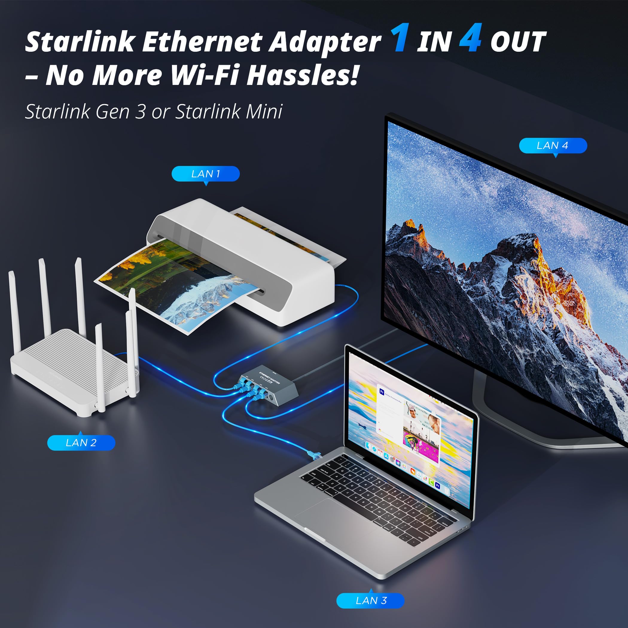 Multi Ports Starlink Gen 3/ Starlink Mini Ethernet Adapter for Wired External Network, 4 Ports Starlink Ethernet Adapter 1 to 4 [4 Devices Networked Simultaneously] - Up to 1 Gbps