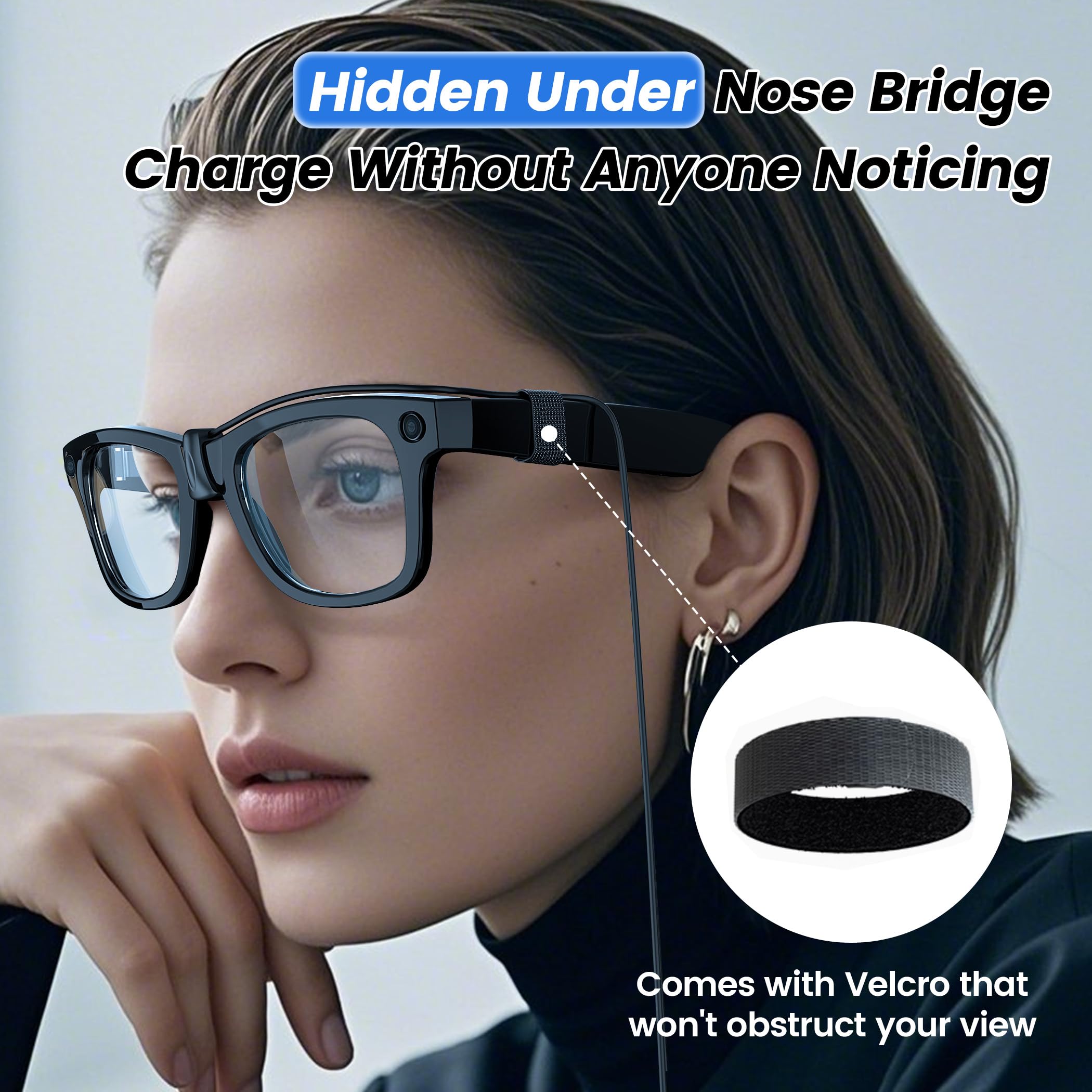 Hugener Clip-On Contact Charging Cable for Ray-Ban Meta Smart Glasses 5FT/1.5M, Power Supply from Glasses Case, Charger Compatible with Wayfarer Meta, Headliner Meta, Skyler Meta