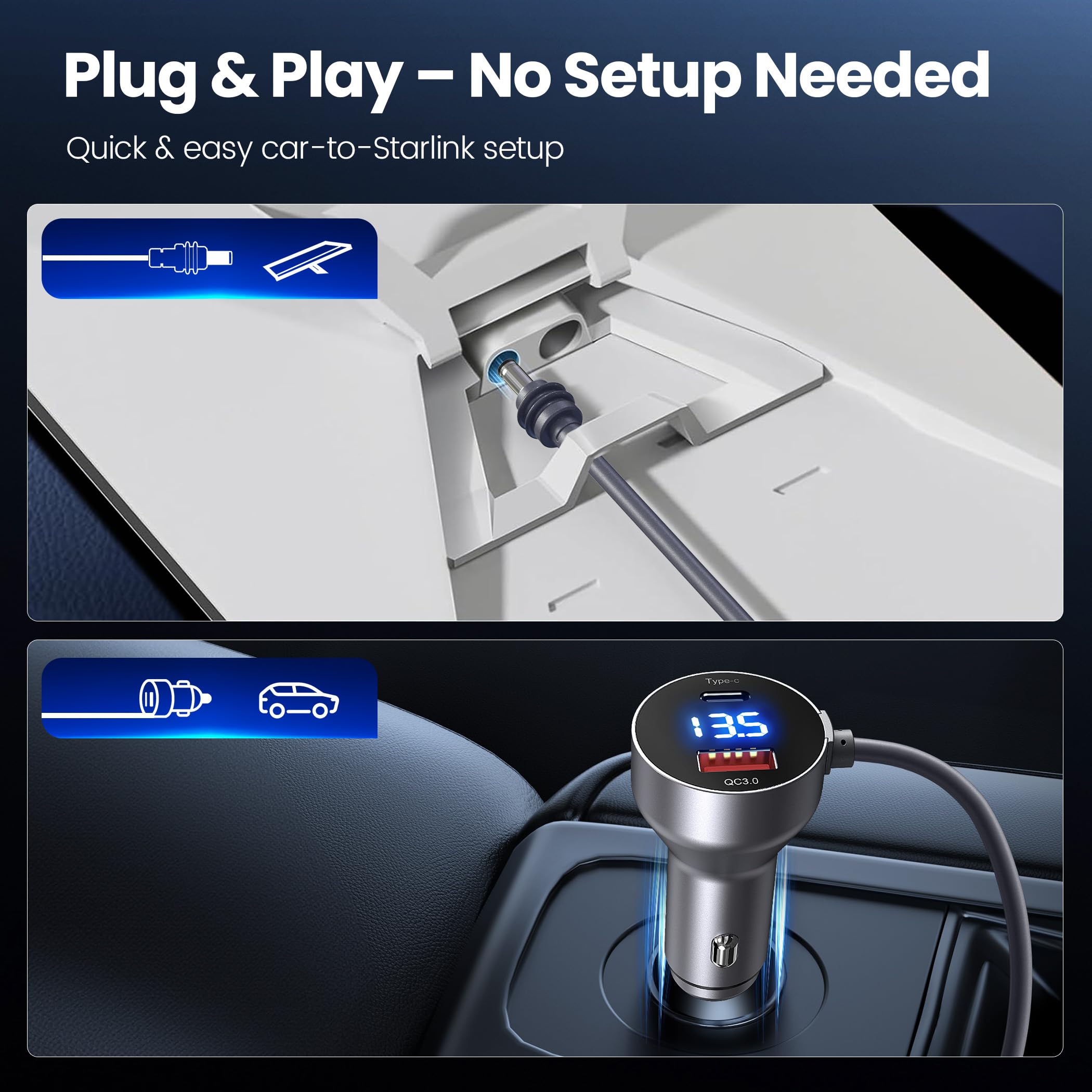 Hugener Starlink Mini Cable 10FT/3M, 3 Power Outputs Car Charger/USB C/USB A, DC Replacement Power Cable, Starlink Mini Accessories