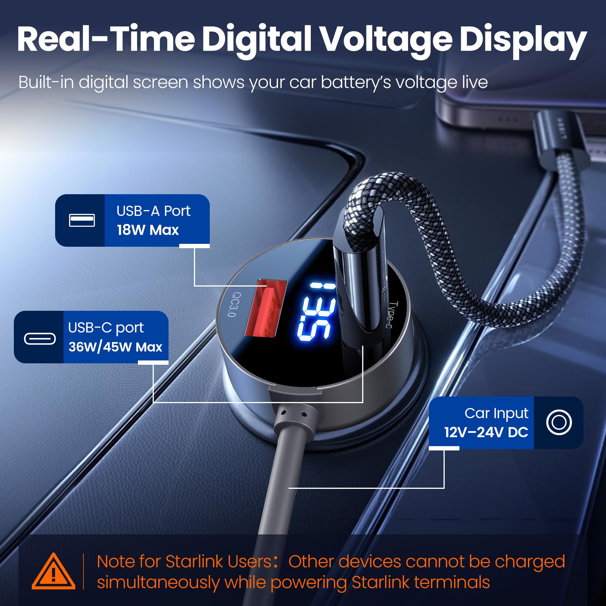 Hugener Starlink Mini Cable 10FT/3M, 3 Power Outputs Car Charger/USB C/USB A, DC Replacement Power Cable, Starlink Mini Accessories