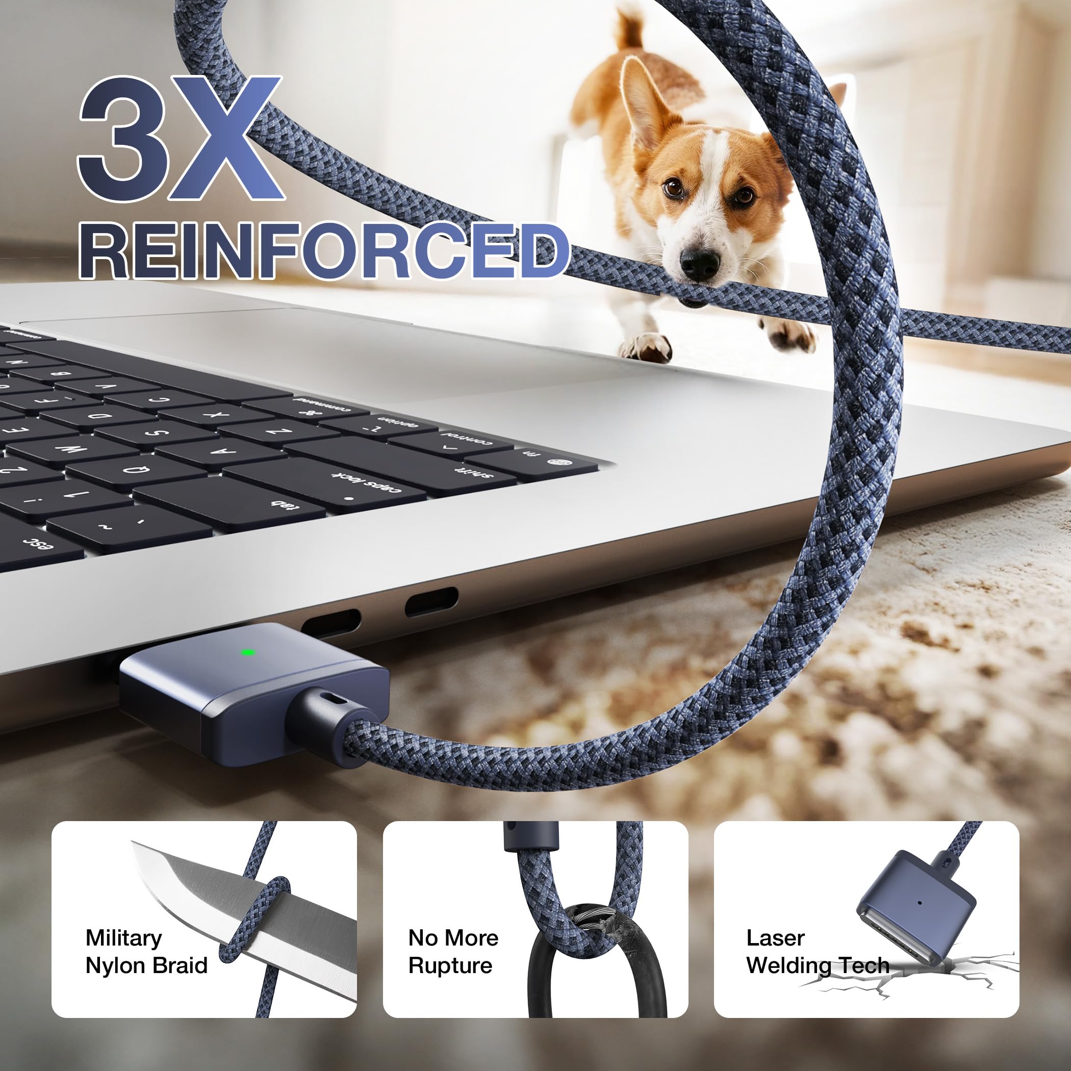 Hugener Magnetic 3 Cable USB-C 6.6FT Compatible with M4/M3 MacBook Air Pro Charger, 140W Magnetic Safe 3 Cable for MacBook Air (13