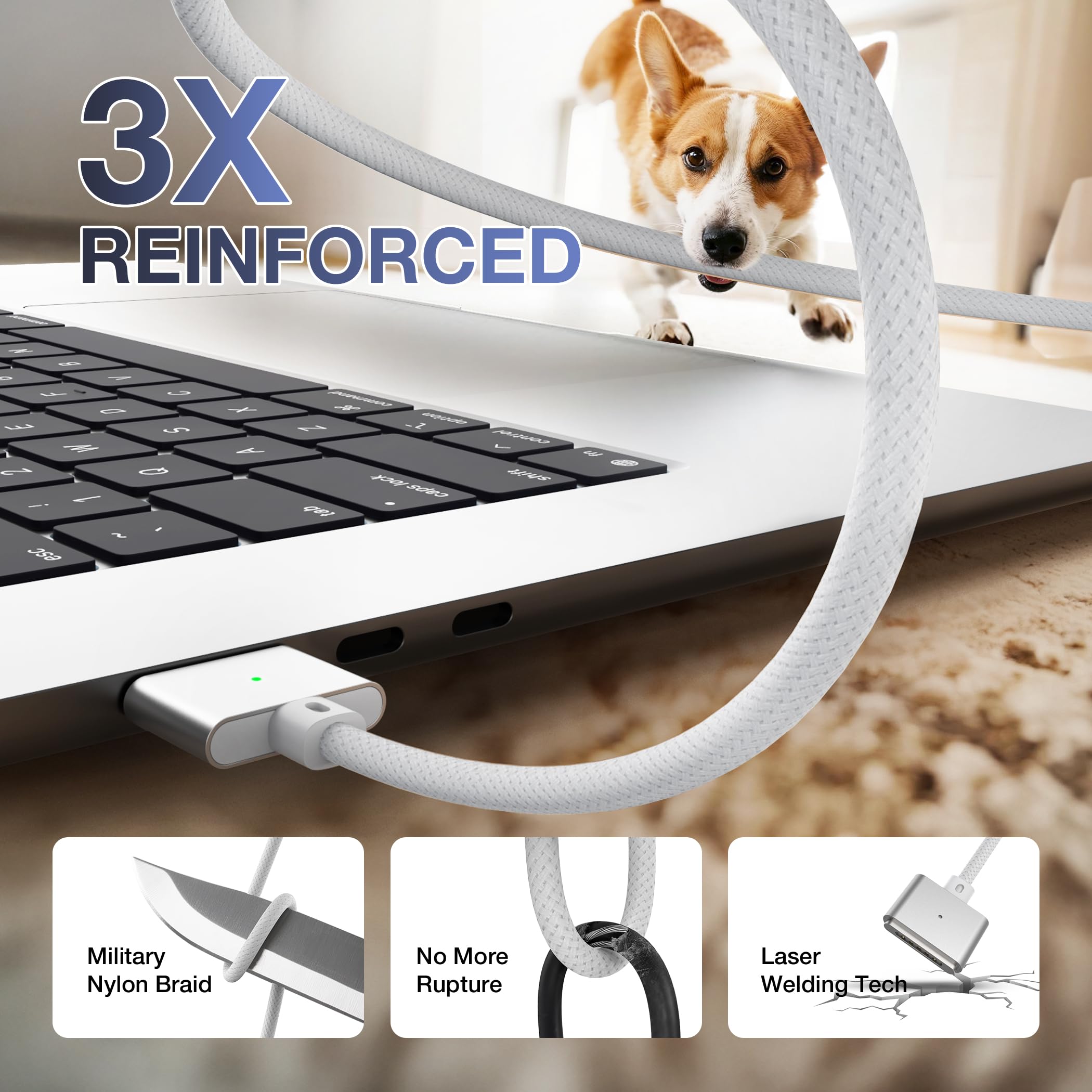 Hugener Magnetic 3 Cable USB-C 6.6FT Compatible with M4/M3 MacBook Air Pro Charger, 140W Magnetic Safe 3 Cable for MacBook Air (13