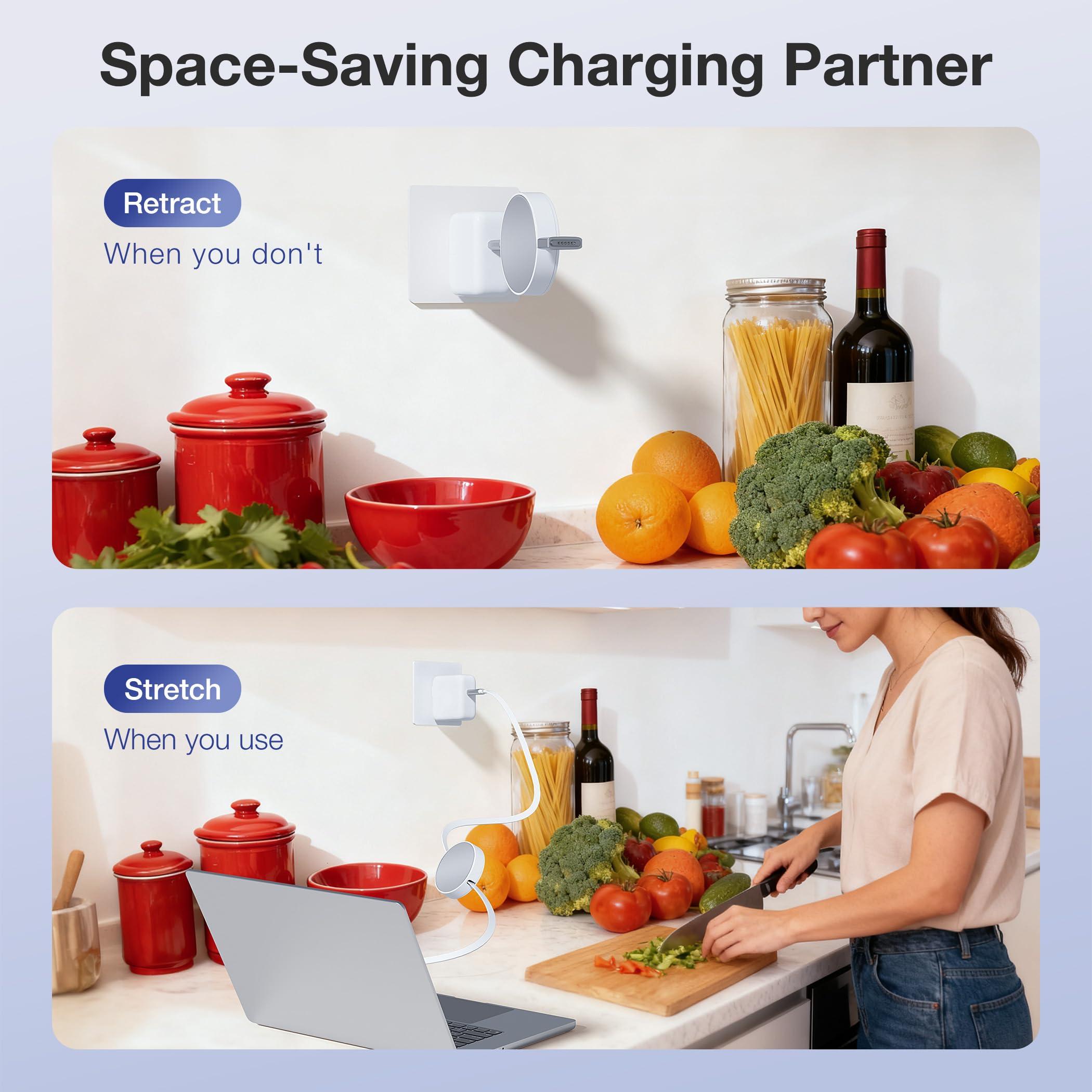 Hugener Magnetic 3 Retractable Cable USB-C 5.4FT for M4/M3/M2 MacBook Air & Pro Charger, 140W Safe 3 Cable for MacBook Air (13